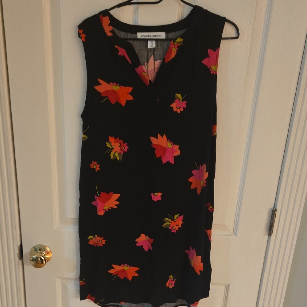 Amazon Essentials Black Sleeveless Mini Dress with Pink and Orange Floral